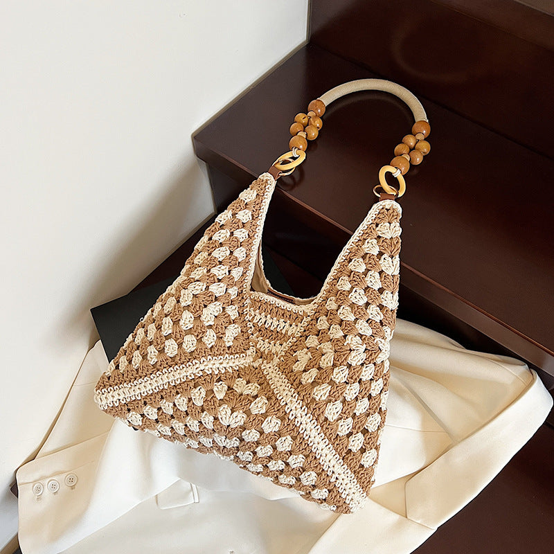 Women's Idle Style Large Capacity Knitted Summer Wooden Bead Woven Wool Shoulder Bags