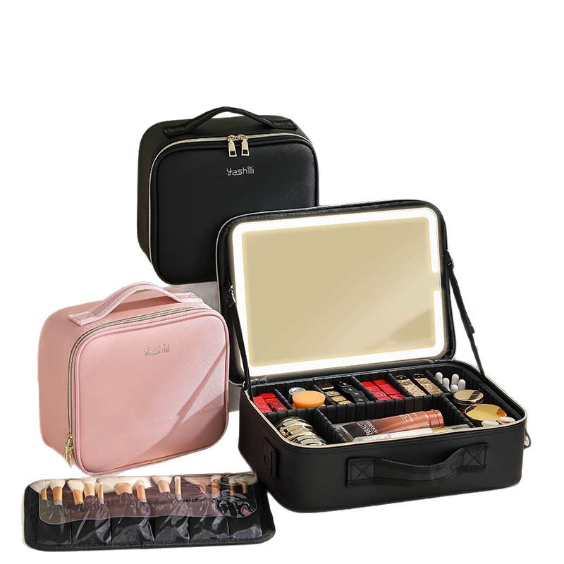 With Light Portable Storage Box Mirror Makeup Bag