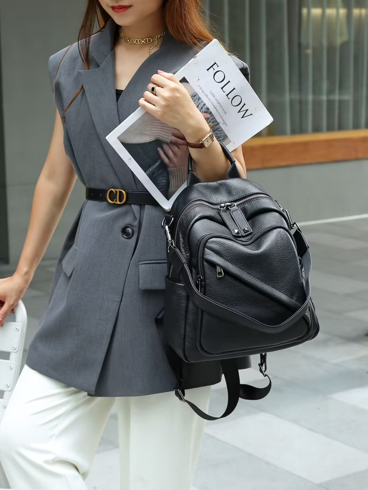 Women's Layer Leather Lychee Pattern Soft Love Embossed Design Large Women's Backpack