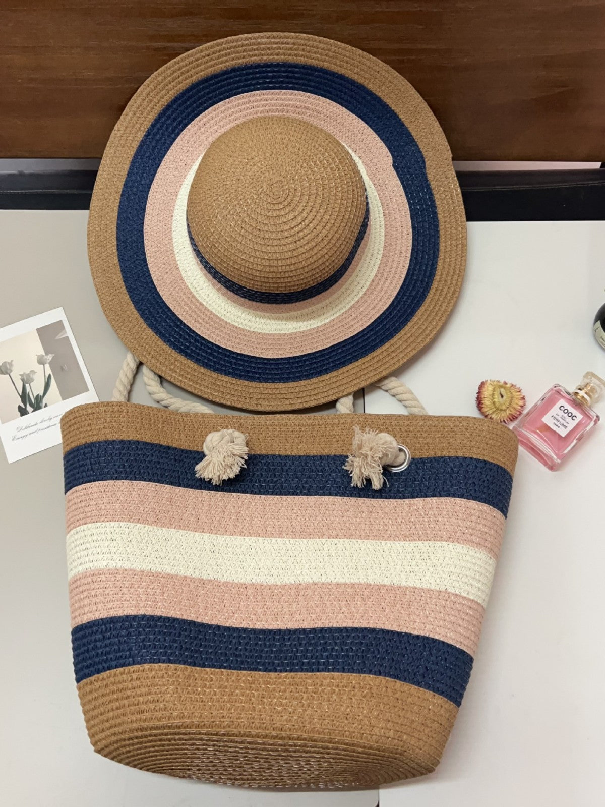 Summer Lady Colored Mosaic Beach Straw Tote Bag