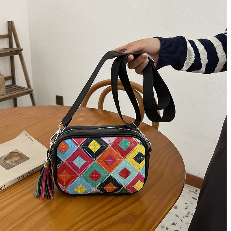 Women's First Layer Cowhide Fashion Popular Diamond Contrast Bags