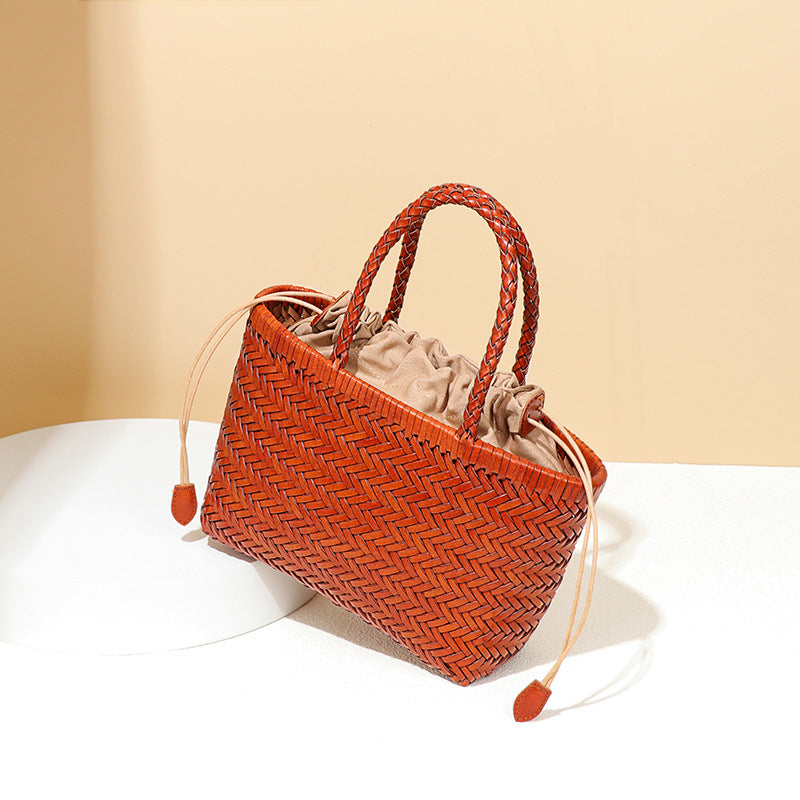 Hand-woven Design Vegetable Basket Leather French Retro Rattan Women's Handbag