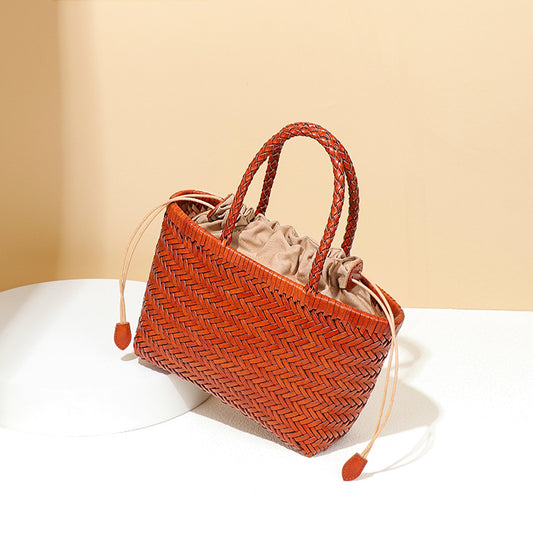 Hand-woven Design Vegetable Basket Leather French Retro Rattan Women's Handbag