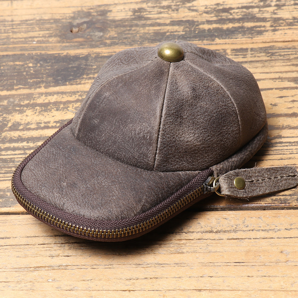 Men's Genuine Leather Cap Cowhide Zipper Crazy Horse Large Bags