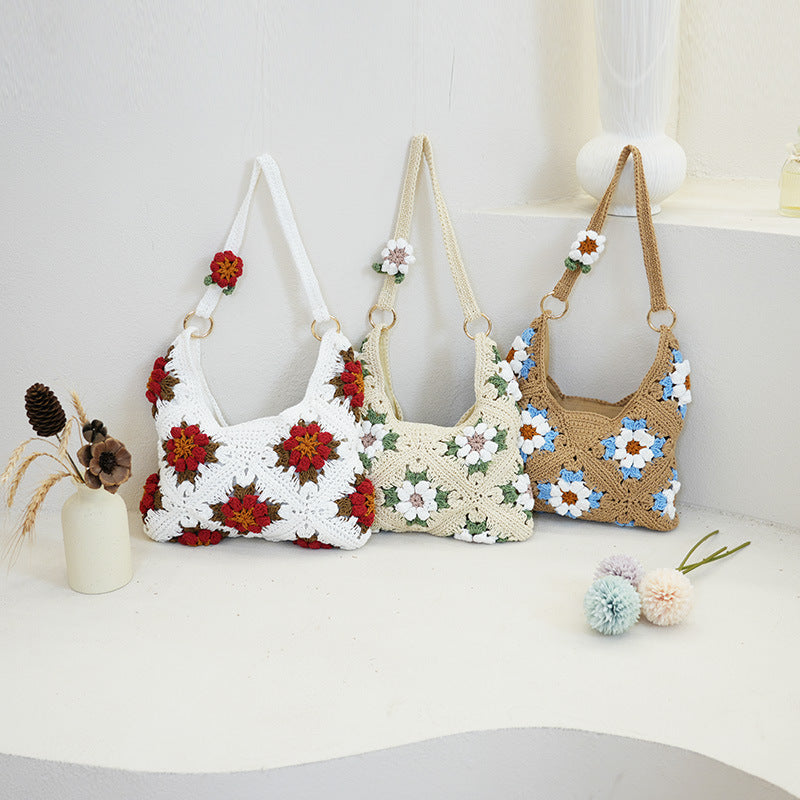 Straw Grandmother Grid Hollow Cotton Thread Woven Vacation Bags