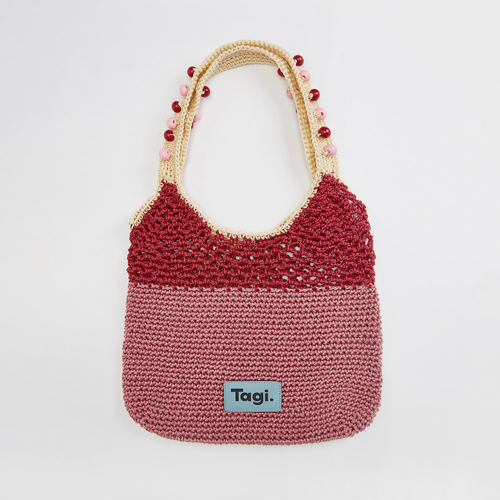 Handmade String Wooden Bead Portable Contrast Color Single Woven Women's Shoulder Bag