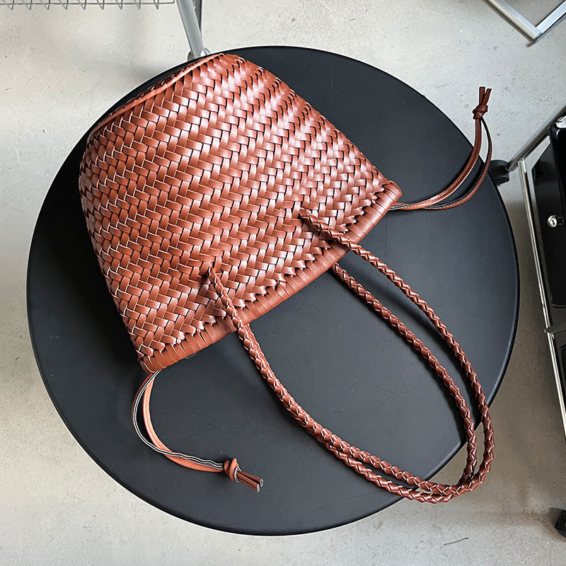 Woven Summer Portable Vegetable Basket French Retro Leather Bucket Bag