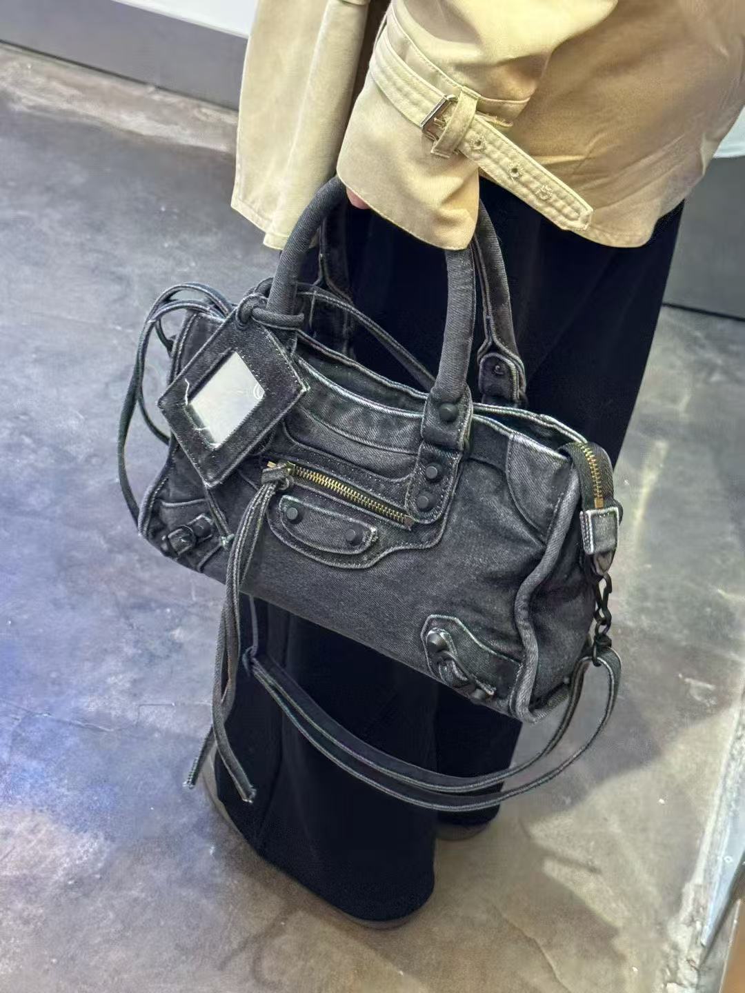 Rivet Motorcycle Washed Denim Neutral Punk Tote Bag