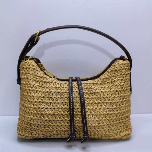 Women's Woven Drawstring Zip One Straw Bags