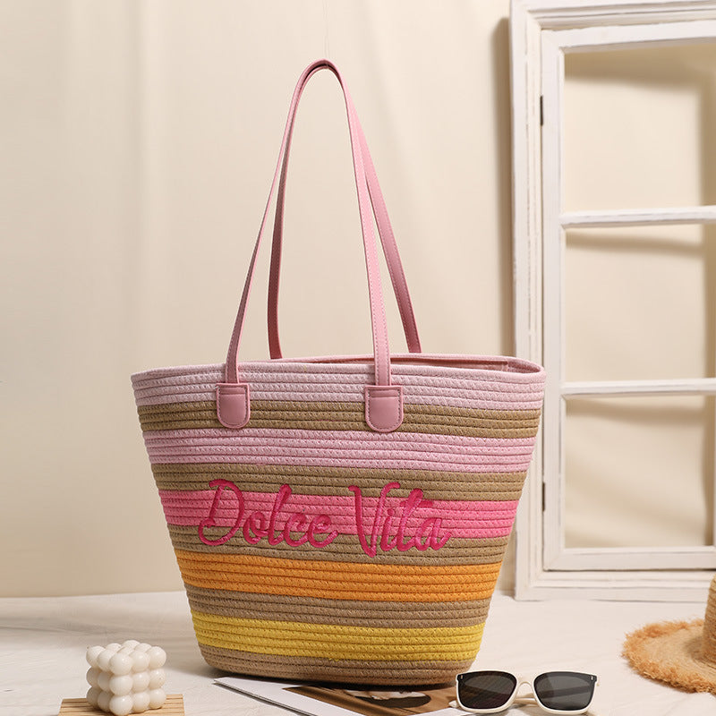 Thread Woven Large Capacity Color Straw Seaside Women's Shoulder Bag