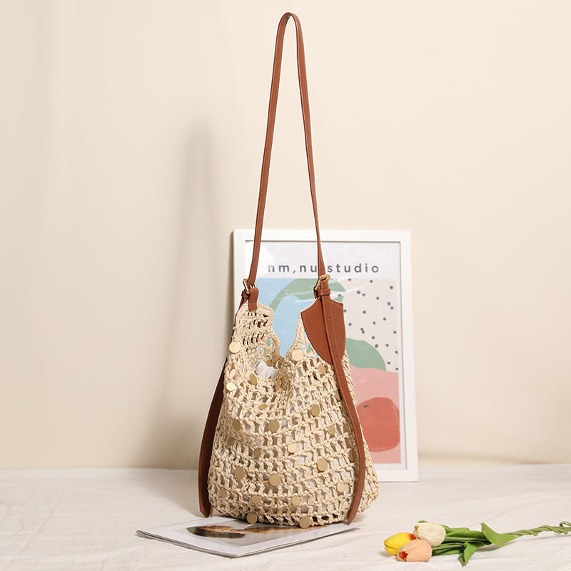 Women's Fashionable Sequins One Straw Hollow Out Women's Shoulder Bag