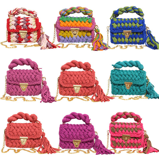 Contrast Color Handmade Finished Strip Thread Wool Bearded Bags
