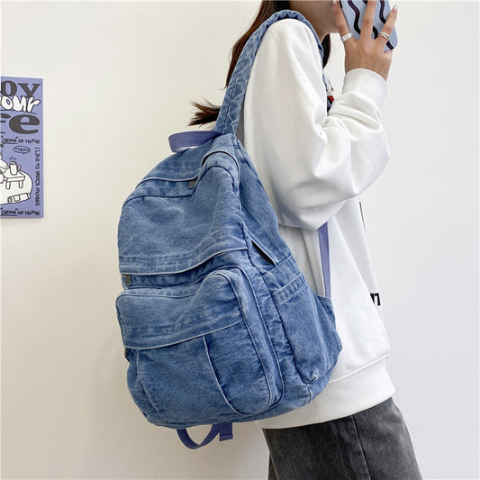 Simple Retro Denim Female Large Capacity Pure Color Women's Backpack