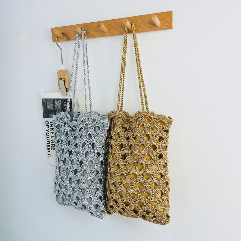 Women's Sier Hollow Straw Handmade Wave Pattern Woven Vacation Beach Niche Women's Shoulder Bag