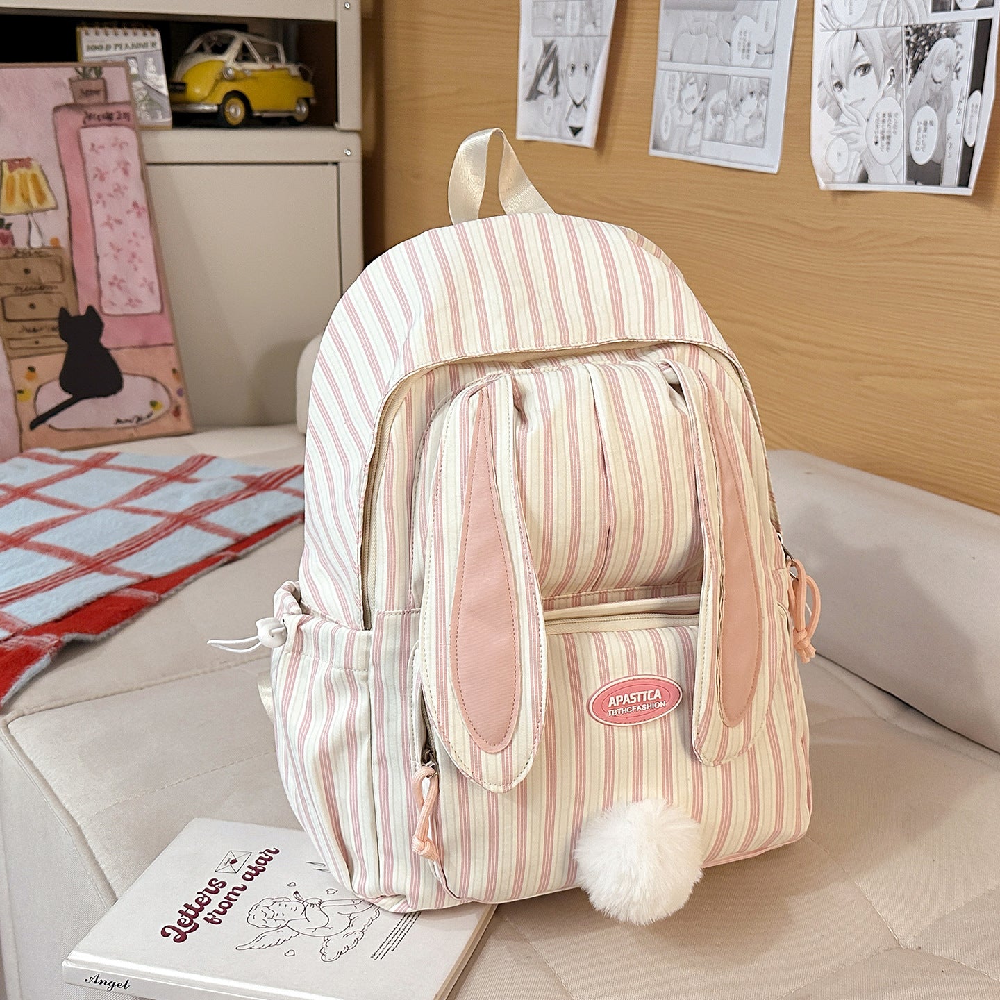 Cute Rabbit Sweet Stripes Junior Lightweight Large Leisure Backpack