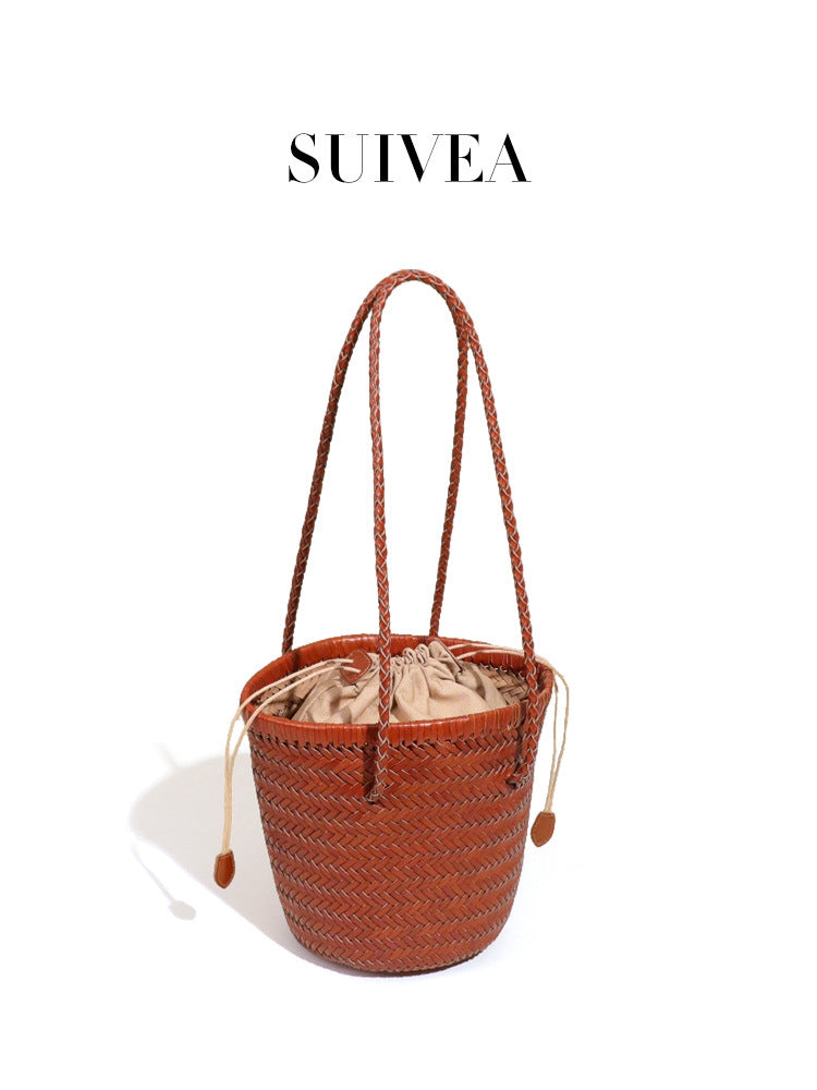 Women's Leather Woven Underarm Beach Vegetable Basket Bags