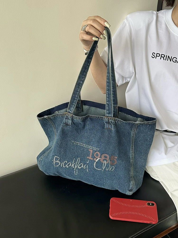 Simple Washing Water Denim Western Style Printing Large Women's Shoulder Bag