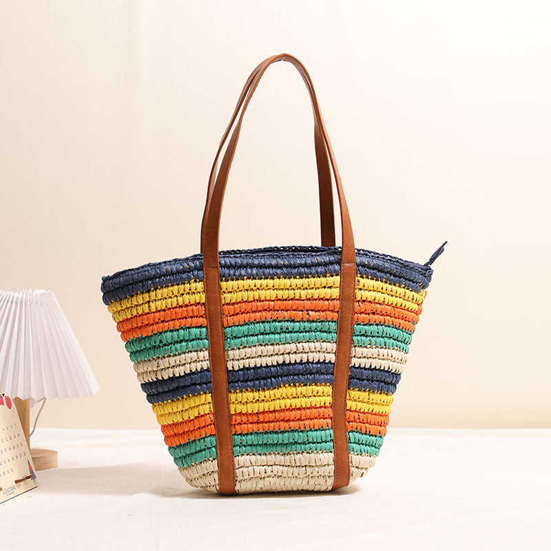 Fashion Colorful Striped Straw Versatile Large Capacity Woven Women's Shoulder Bag