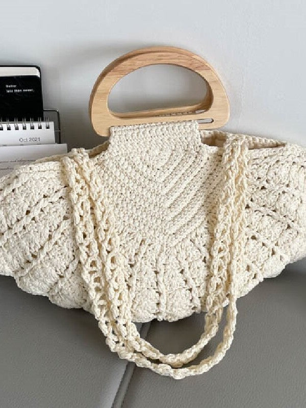 Woven Design Wooden Hand Holding Bao Vacation Beach Women's Shoulder Bag