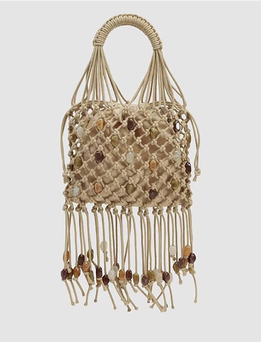 Woven Hollowed Contrast Color Design Individual Tassel String Women's Handbag