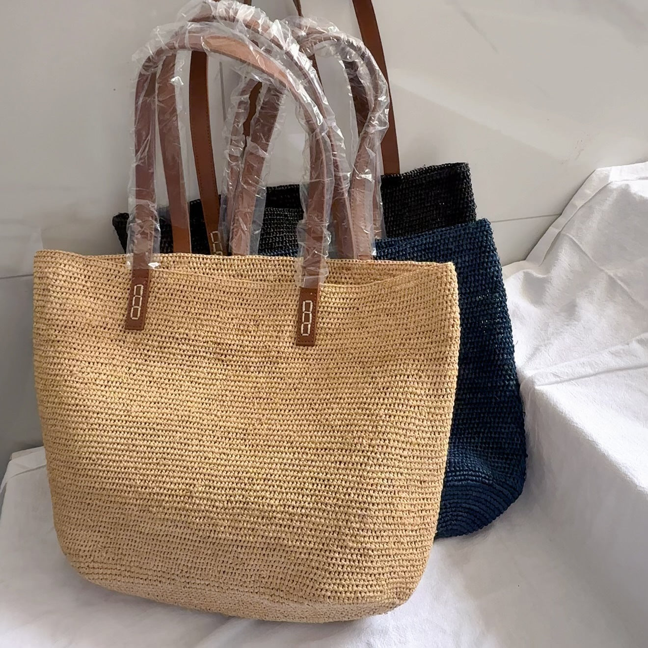 Raffia Joint Leather Strap Handmade Needle Hook Women's Shoulder Bag