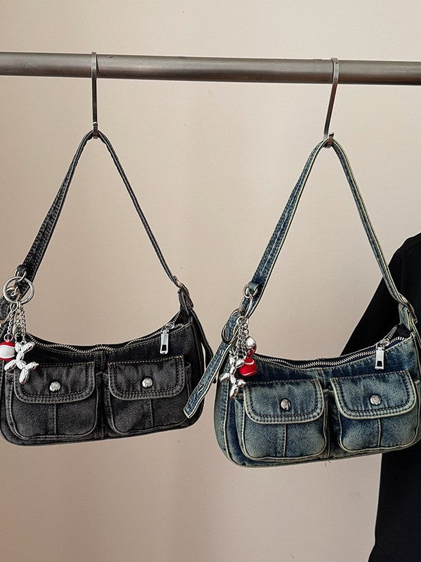 Retro Distressed Denim Little Hot Baguette Underarm Bag