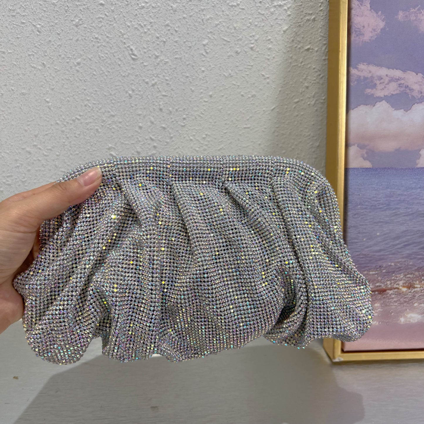 Studded Hand Crystal Pleated Chain Rhinestone Cloud Dumplings Clip Women's Shoulder Bag