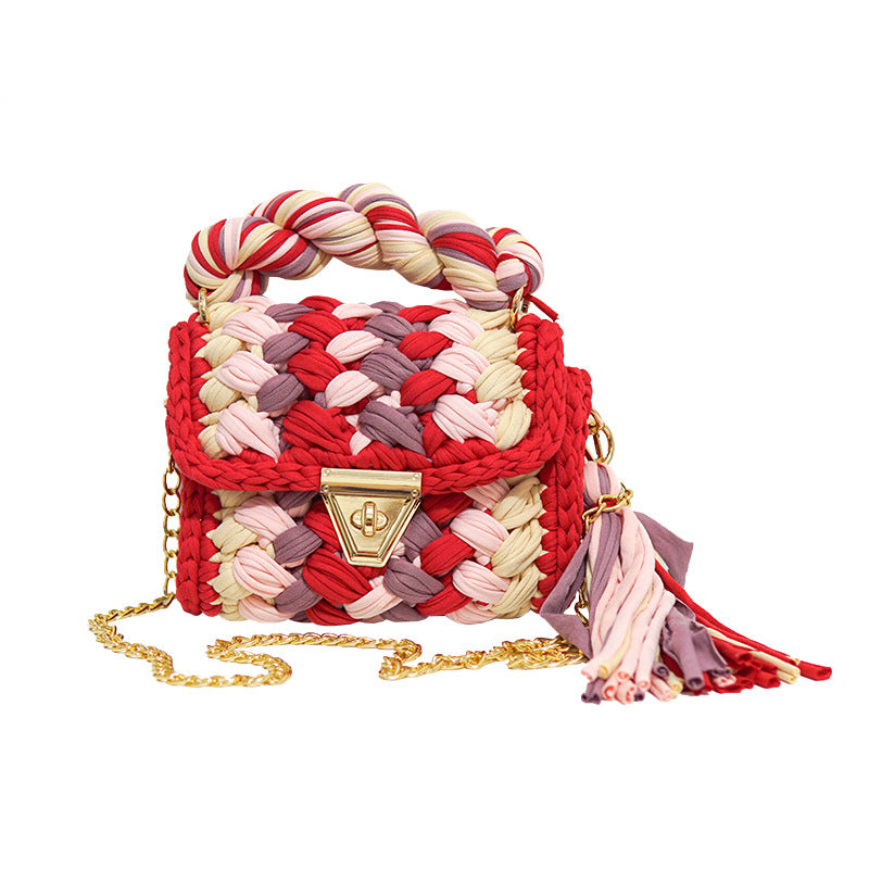 Contrast Color Handmade Finished Strip Thread Wool Bearded Bags