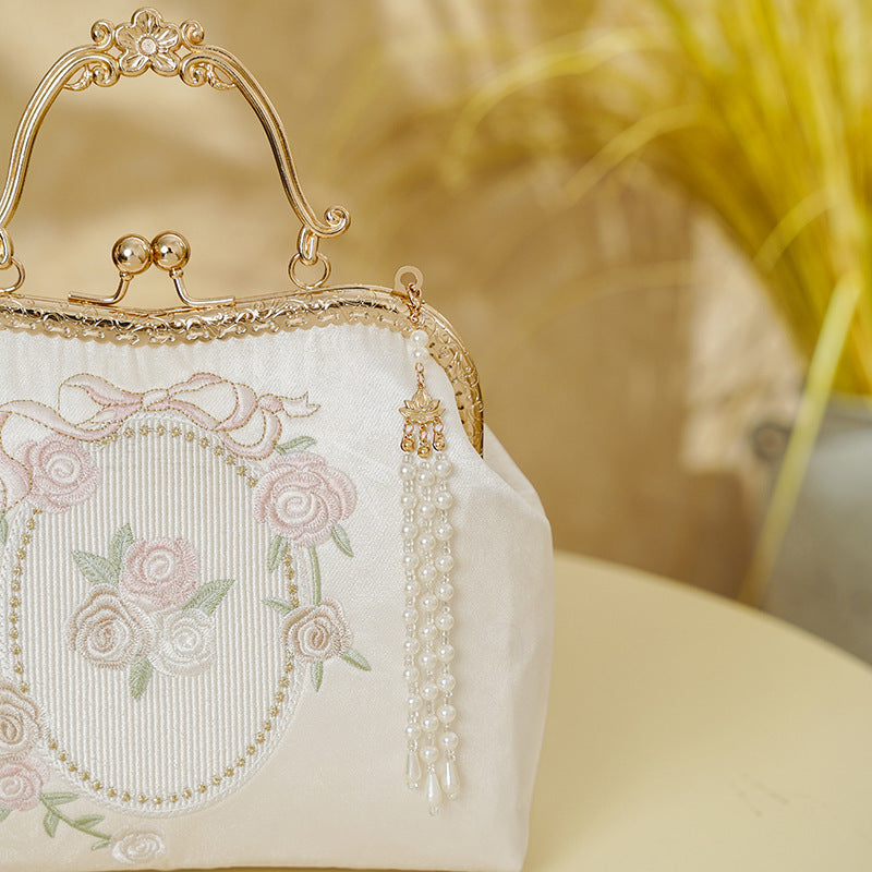 Rose Embroidered Chinese Style Cheongsam Banquet White Accessory Women's Handbag