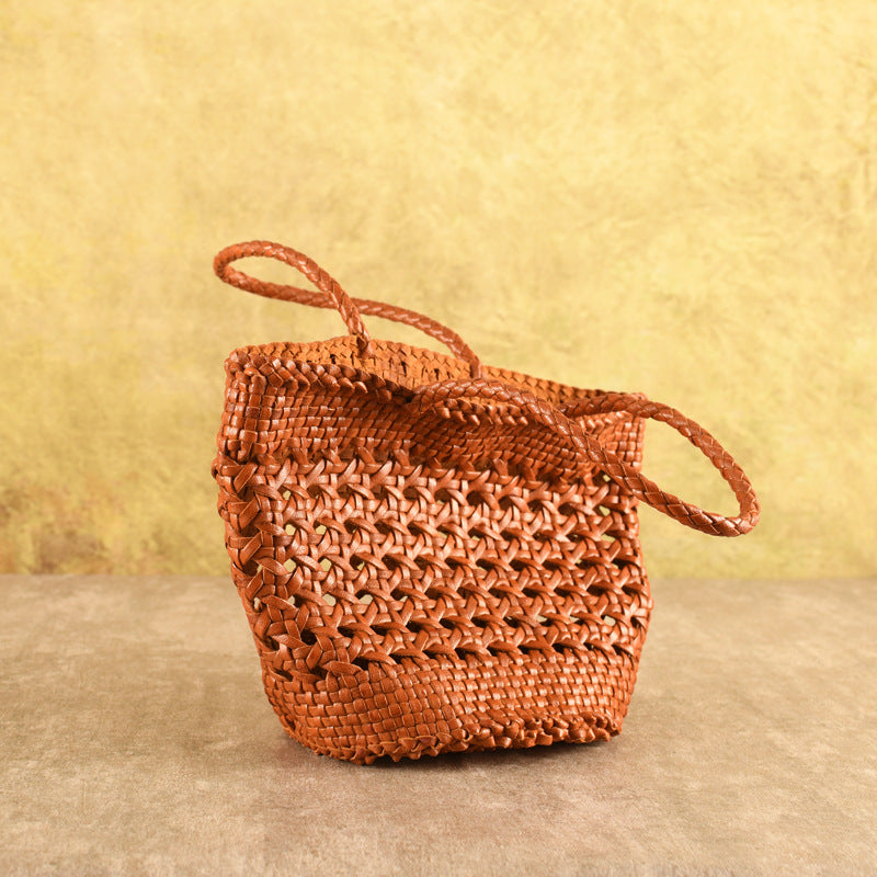 French Woven Vegetable Basket Cowhide Hollow Women's Handbag