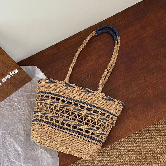 Women's Hollow Fashion Color Contrast Paper String Straw Vacation Vegetable Bags