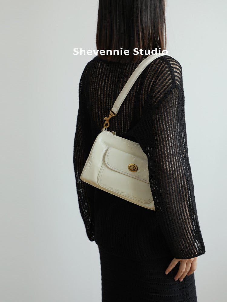 Women's Retro Style Simple First Layer Cowhide Summer Solid Underarm Bag