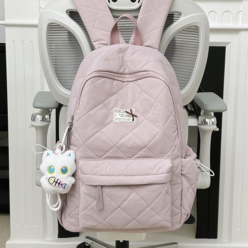 Soft Sticky White Pinch Cotton Rhombus Cute Leisure Backpack