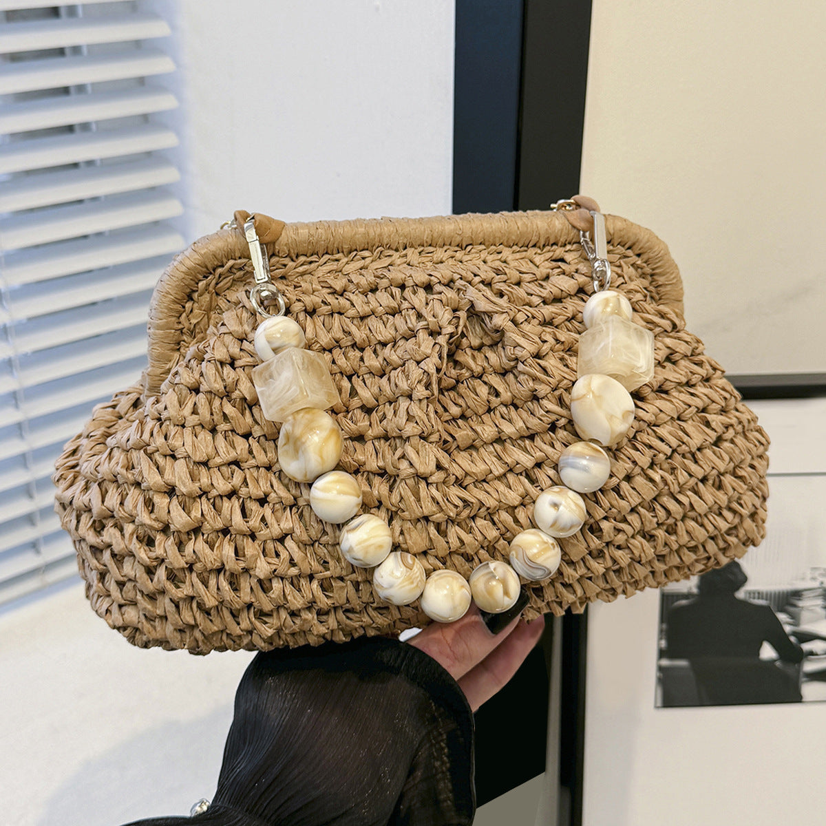 Vacation Style Beach Straw Summer Beaded Underarm Design Women's Handbag