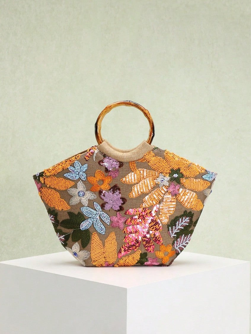 Women's Seaside Vacation Style Embroidered Three-dimensional Applique Sequined Flower Bamboo Tote Bag