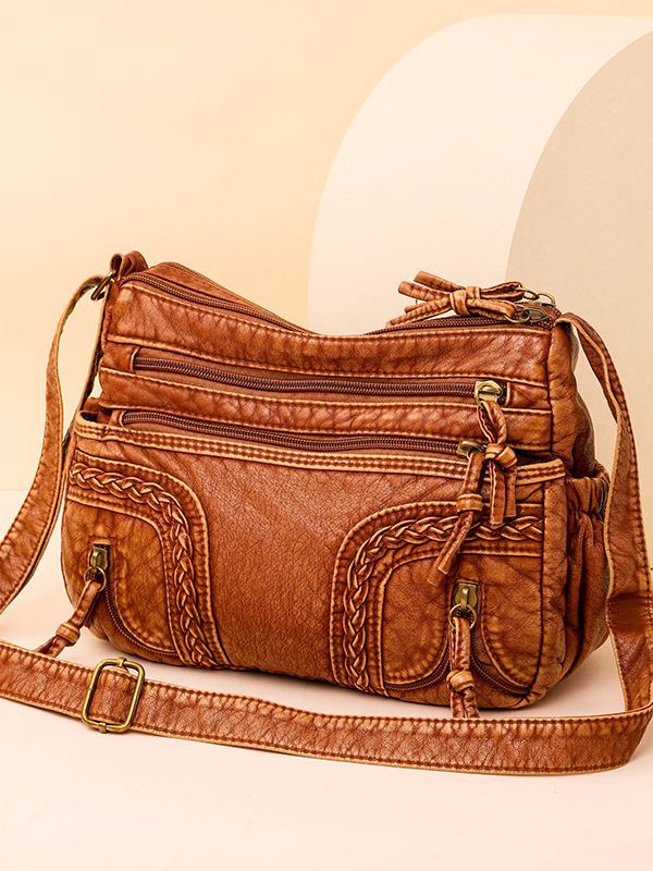 Women's Authentic Leather Tactile Feel Washed Woven Fashionable Large Capacity Women's Shoulder Bag