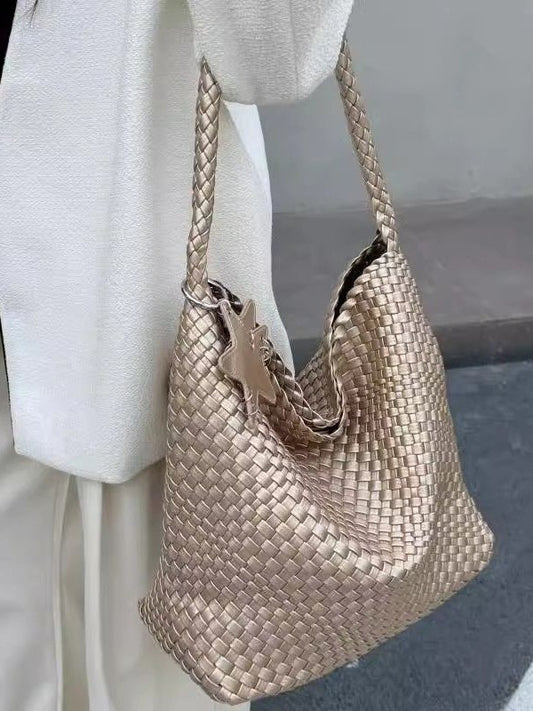 Women's Champagne Woven Large Capacity Portable Cross Women's Shoulder Bag
