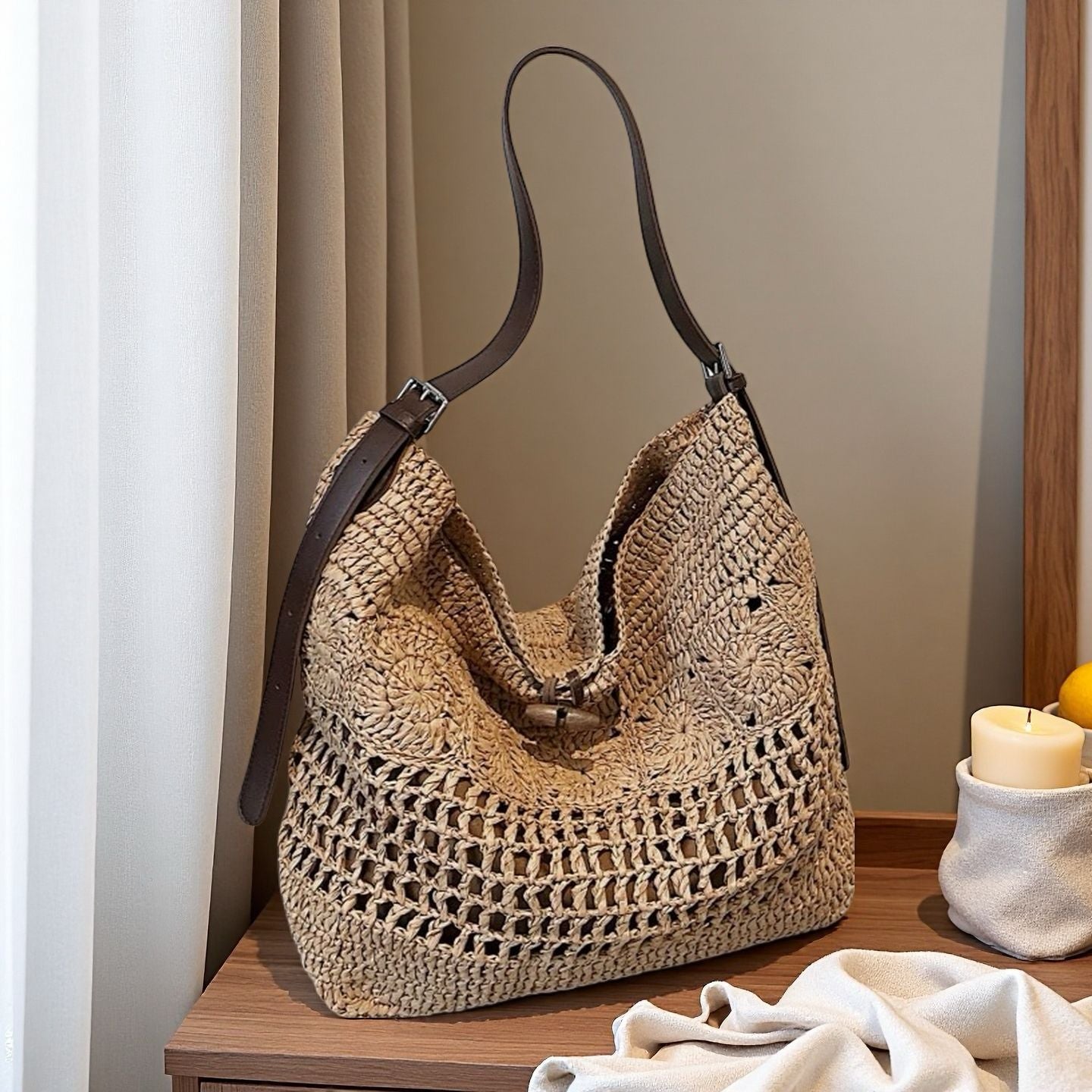 Crochet Woven Large Capacity Straw Hollow Tote Bag