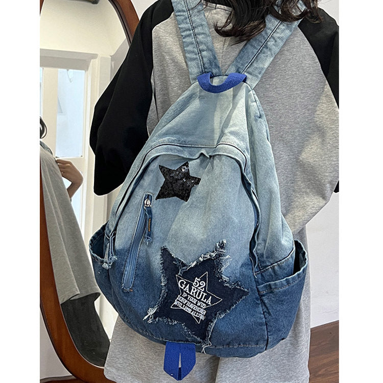 Women's Washed Denim Fashion Gradient High College Korean Style Leisure Backpack