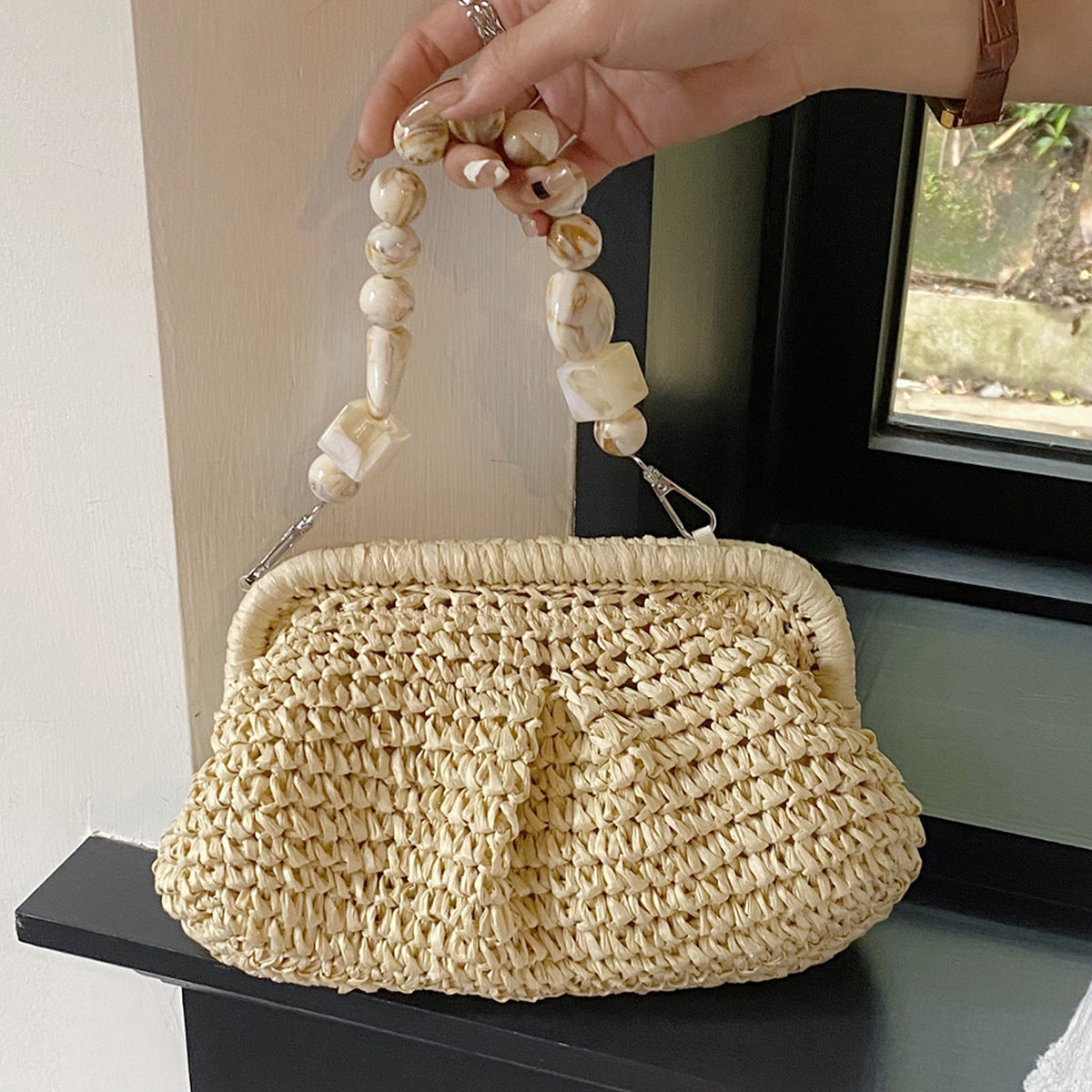 Vacation Style Beach Straw Summer Beaded Underarm Design Women's Handbag