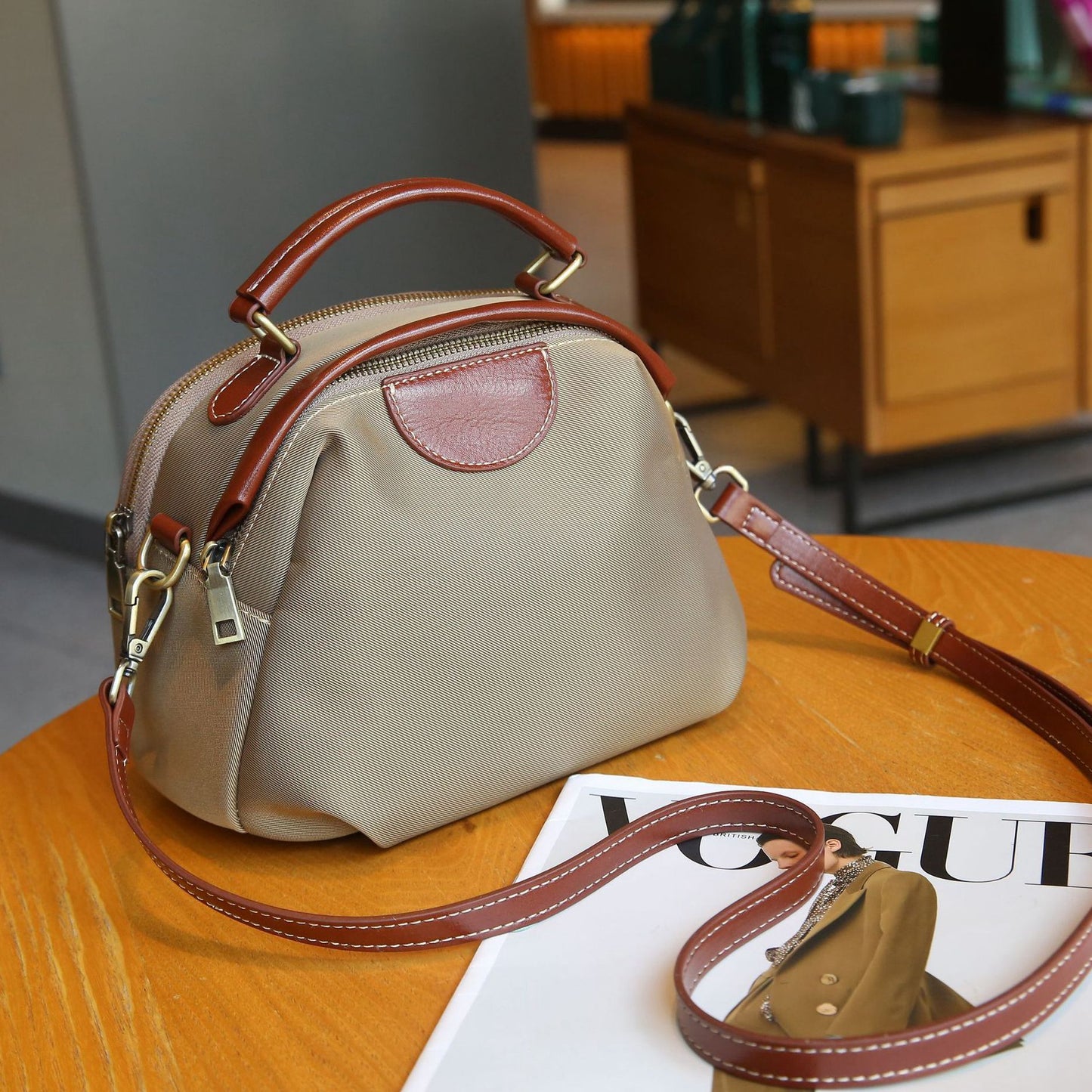 Women's Cloth With Leather Double Zipper Large Handbags