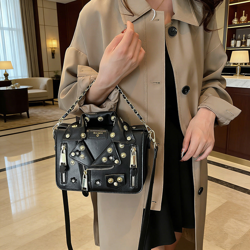 Women's Personalized Leather Jacket Fashion Studded Trend Chain Sling In Women's Shoulder Bag