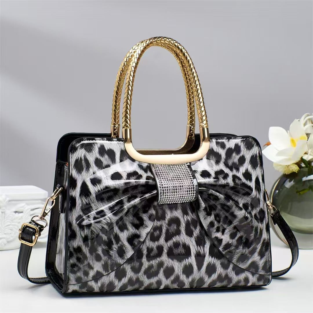 Women's Leather Glossy Portable Rhinestone Fashion Temperament Leopard Women's Handbag