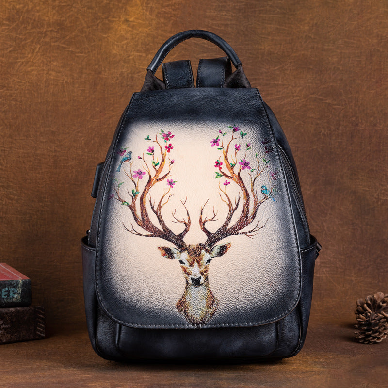 Leather First Layer Cowhide Creative Printed Yellow Brown Retro Backpacks