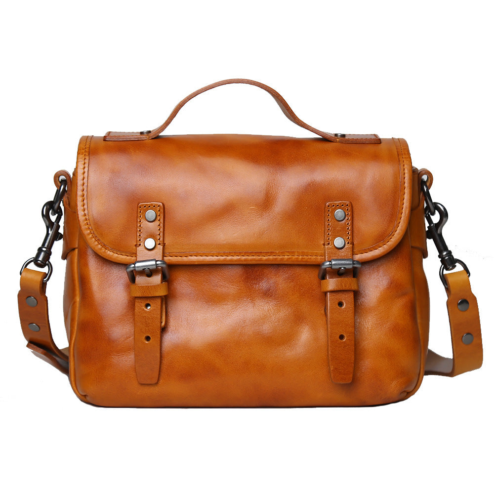 Women's & Men's Genuine Leather Handmade First Layer Cowhide Vegetable Tanned Men's Messenger Bag