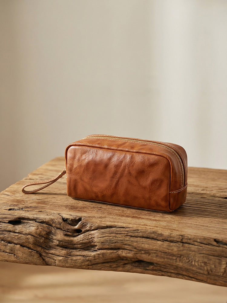 Tanned Leather Cowhide Wash Pencil Storage Large Makeup Bag