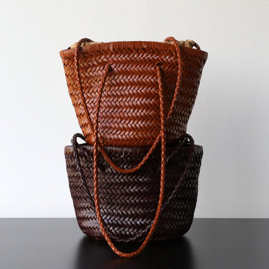 Women's Luxury French Retro First Layer Cowhide Hand-woven Vegetable Basket Genuine Bags