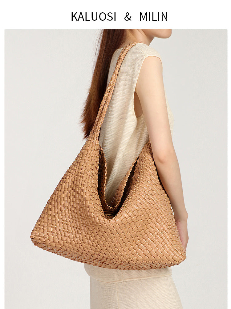 Soft Leather Woven Large Capacity Idle Style Women's Shoulder Bag