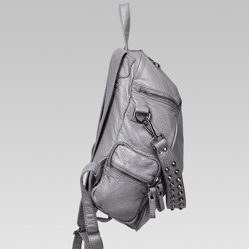 Women's High-grade Rivet Washed Leather Solid Color Soft Surface Large Women's Backpack