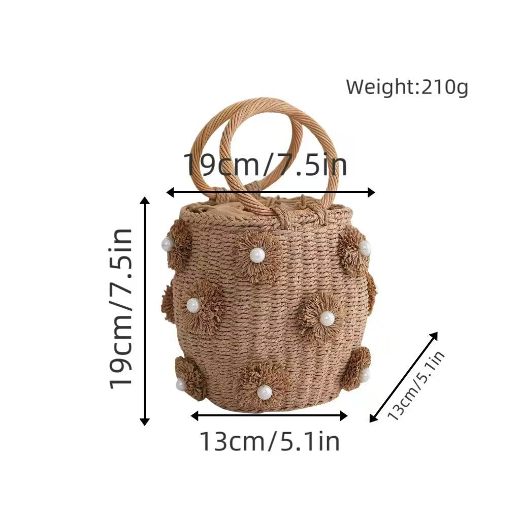 Women's Straw Artificial Pearl Decorative Portable Basket Woven Tote Bag